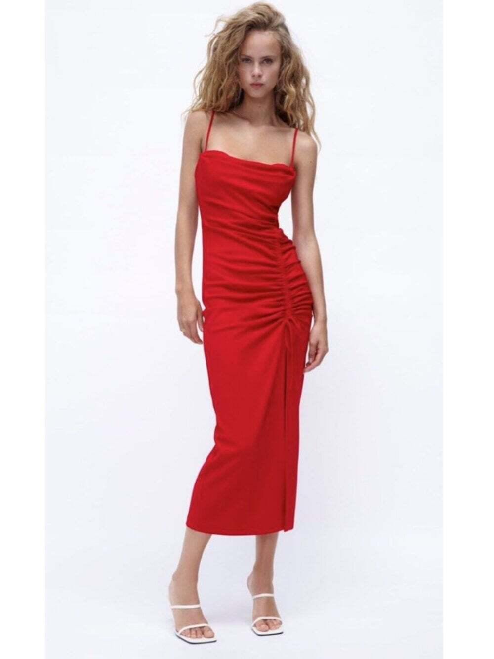 Zara Midi Dress with Draped Detail Red Size S